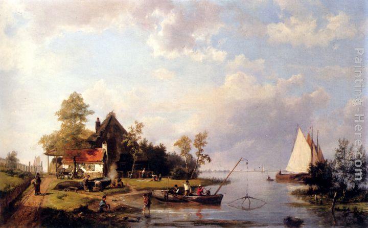Hermanus Koekkoek Snr A River Landscape With A Ferry And Figures Mending A Boat